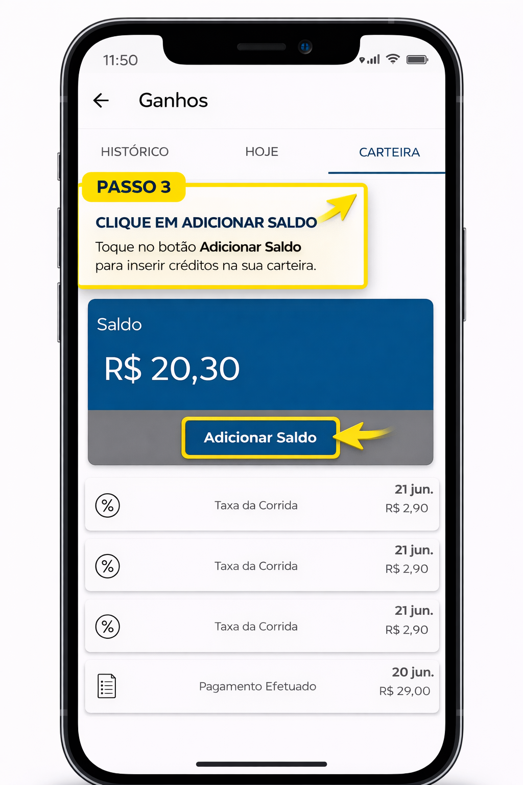 Clique em adicionar saldo